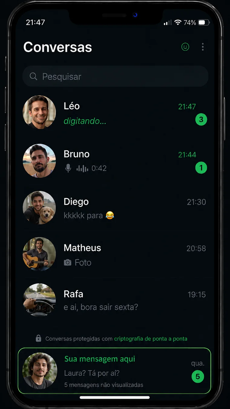 A caixa de entrada dela: vários caras ativos no topo, e a conversa dele ignorada no fim da lista